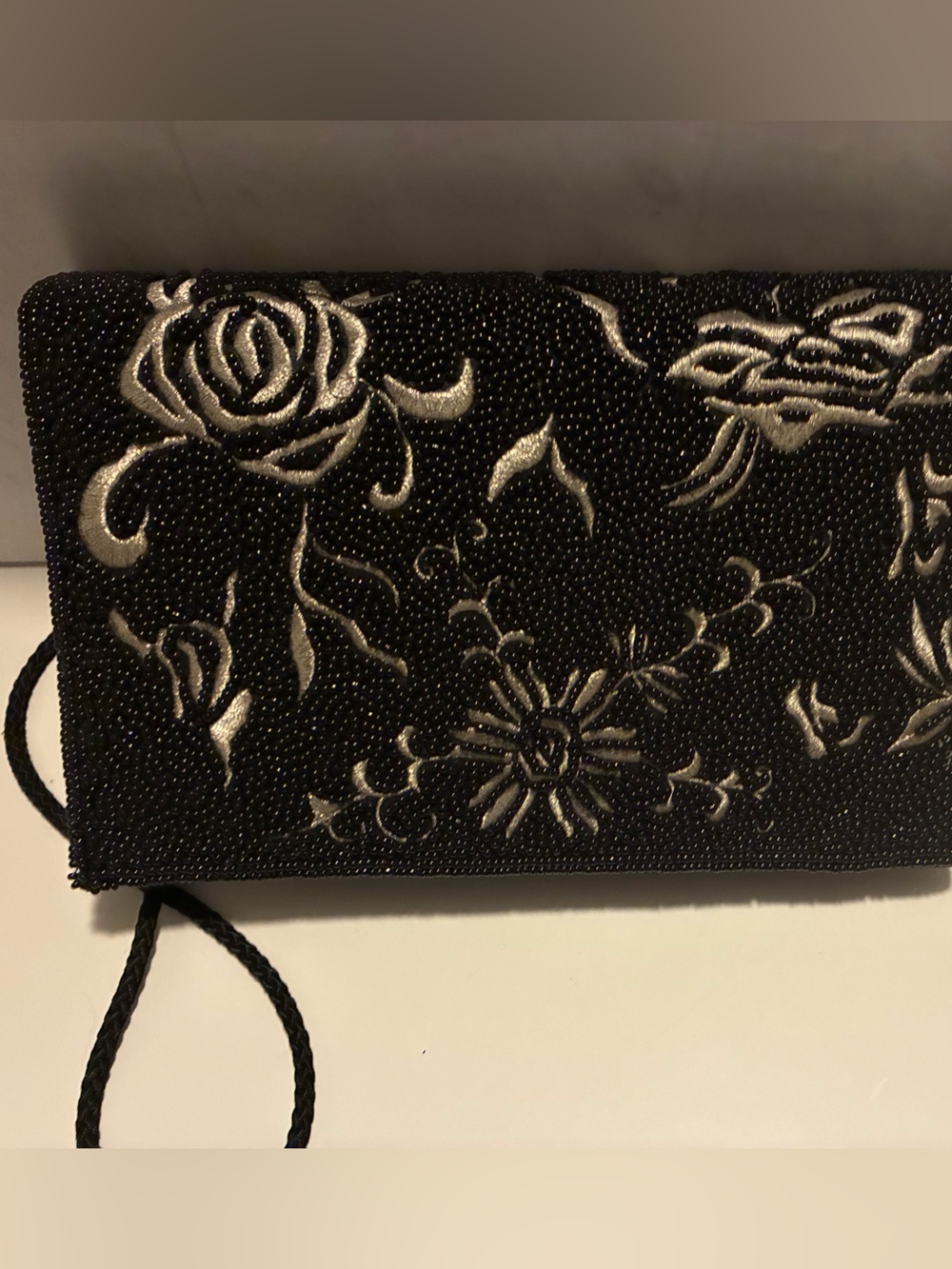Black Satin Mini Shoulder Bag with Beaded Trim